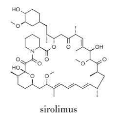 Rapamycin (sirolimus) immunosuppressive drug molecule. Used to prevent transplant rejection and in coronary stent coating. Skeletal formula.