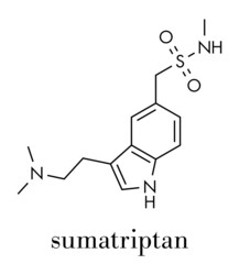 Sumatriptan migraine headache drug (triptan class) molecule. Skeletal formula.