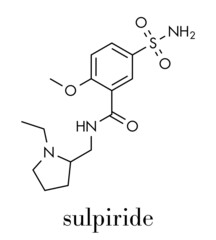 Fototapeta na wymiar Sulpiride antipsychotic (neuroleptic) drug molecule. Skeletal formula.