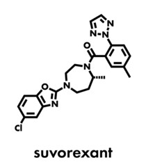Fototapeta premium Suvorexant insomnia drug (sleeping pill) molecule. Dual orexin receptor antagonist (DORA) Skeletal formula.