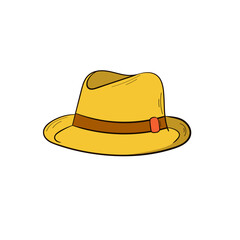 Hat vector. Isolated on a white background. Hand drawn style. Travel. Recreation. Vacation. Summer. Yellow hat with ribbon. Vector illustration