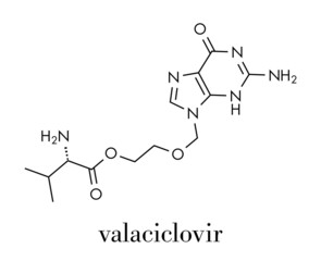 Valaciclovir (valacyclovir) herpes infection drug molecule. Skeletal formula.