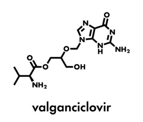 Valganciclovir cytomegalovirus (CMV, HCMV) drug molecule. Skeletal formula.