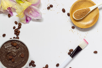 coffee scrub with coffee beans and cane sugar, copy space