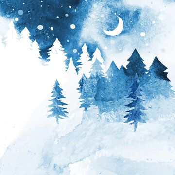 Watercolor winter vector landscape with forest under night sky in blue and white colors. Сoniferous forest, snow, moon and abstract watercolor splashes