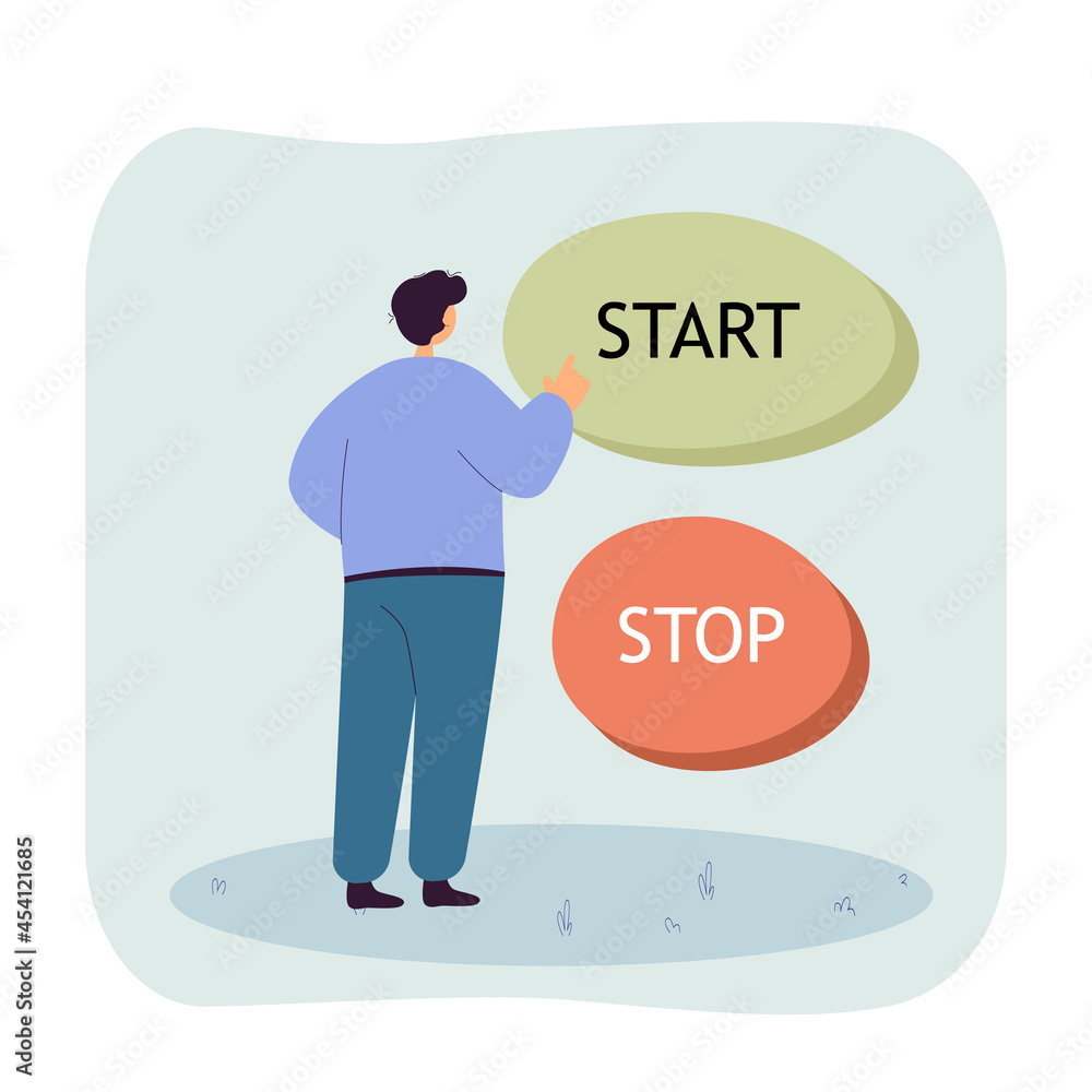 Poster man standing in front of huge start and stop buttons. male character pushing button, making decision