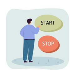 Man standing in front of huge start and stop buttons. Male character pushing button, making decision flat vector illustration. Choice, startup concept for banner, website design or landing web page