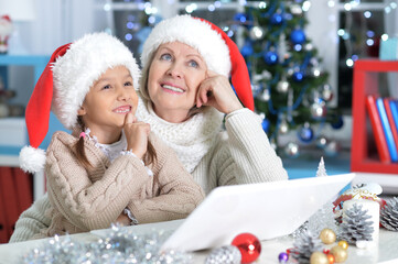 Portrait of grandmother and her granddaughter using laptop