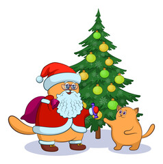 Christmas Cartoon, Cat Santa Claus Gives Candy to a Kitten near the Christmas Tree. Vector