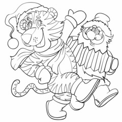 Naklejka premium sketch, symbol of the new year tiger dancing and santa claus playing the accordion, coloring book, cartoon illustration, isolated object on white background, vector,