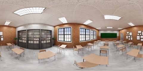  3d rendering 360 vr panorama Interior.New normal classroom and spacing of tables and chairs to prevent the spread of coronavirus (COVID-19). IEmpty classroom for teach and learn. © anon