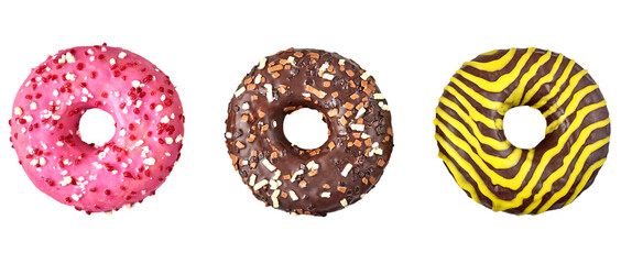 Three donuts isolated on a white background.