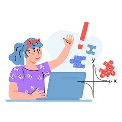 Smart clever child girl studying remotely and  having solution for mathematical task, flat cartoon vector illustration isolated on white.  Kids online education and homeschooling.