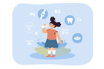 Cartoon child receiving useful vitamins with breakfast. Flat vector illustration. Cute girl drinking delicious milk from glass bottle, strengthening her health. Diet, food, dairy, growth concept