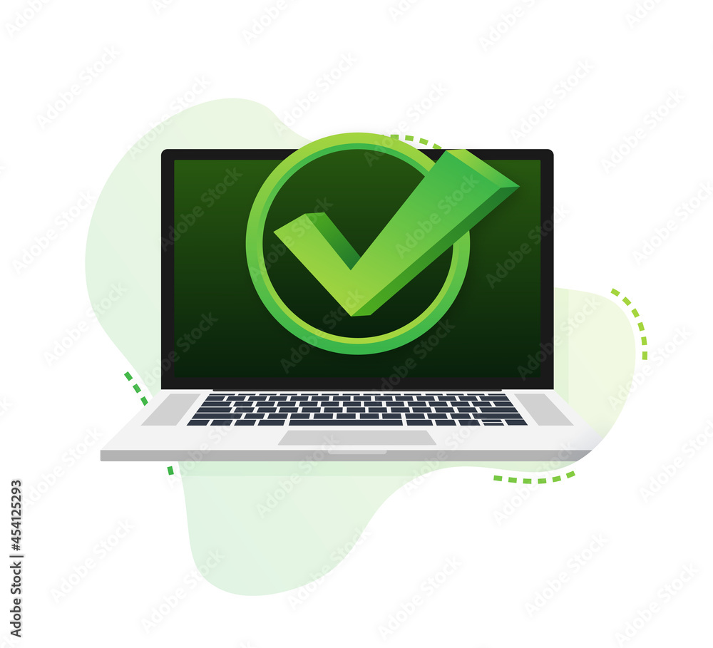 Poster laptop with checkmark or tick notification in bubble pattern. approved choice. accept or approve che