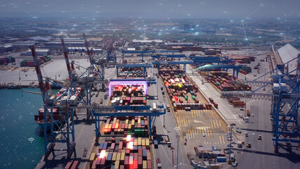 Aerial view of Futuristic Port with 5G network and technology data communication, technology...