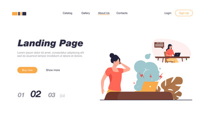 Woman calling service and talking about broken laptop. Computer, problem, table flat vector illustration. Repair and maintenance concept for banner, website design or landing web page