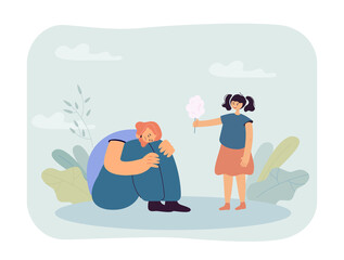 Cute little girl offering cotton candy to sad friend. Kid comforting upset female character sitting on floor flat vector illustration. Support, friendship concept for banner or landing web page