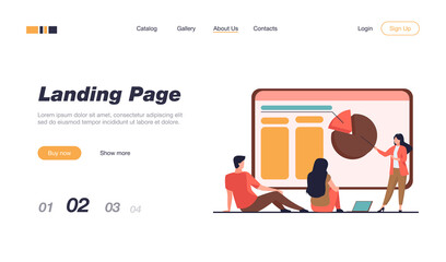 Tiny presenter explaining statistics to colleagues. Chart, laptop, coach flat vector illustration. Marketing and business concept for banner, website design or landing web page