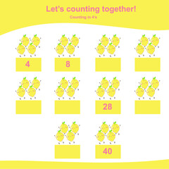 Counting lemons for children. Fruit Counting Math Worksheet. Counting in 4s. Math Worksheet for Preschool. Educational printable math worksheet. Preschool Education. 