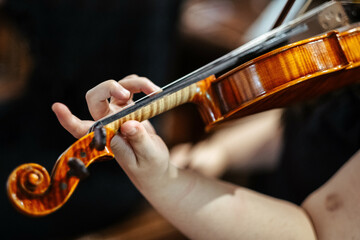 Closeup of a violinist playing violin at the concert