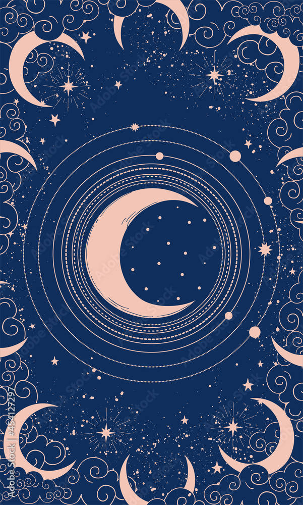 Canvas Prints mystical boho drawing of the moon on a blue background, phases of the moon. vertical frame for astro
