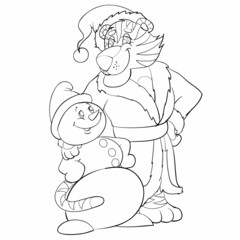 sketch, symbol of the new year tiger stands hugging together with a snowman, cartoon illustration, isolated object on a white background, vector,