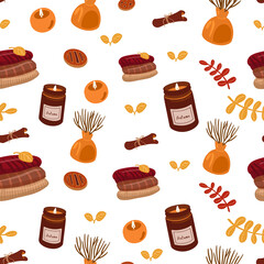 Autumn pattern with vases, sweaters, candles, cakes and leaves