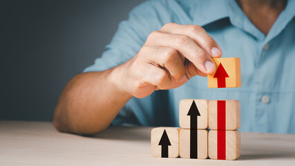 Obraz premium hand stack woods block step on table with icon Action plan, Goal and target, success and business target concept, project management, company strategy development.