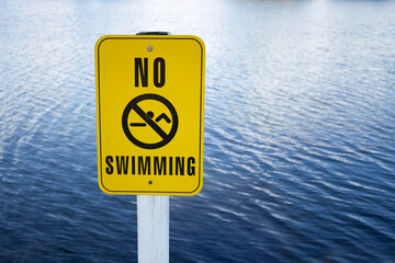 No Swimming sign by water