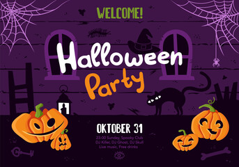 Halloween poster template, scary party invitation flyer with horror symbols pumpkin and spooky elements on dark attic background. Vector illustration