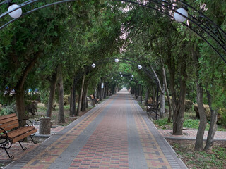 Obraz premium Beautiful arch with benches and trash cans. Green area in the city center.