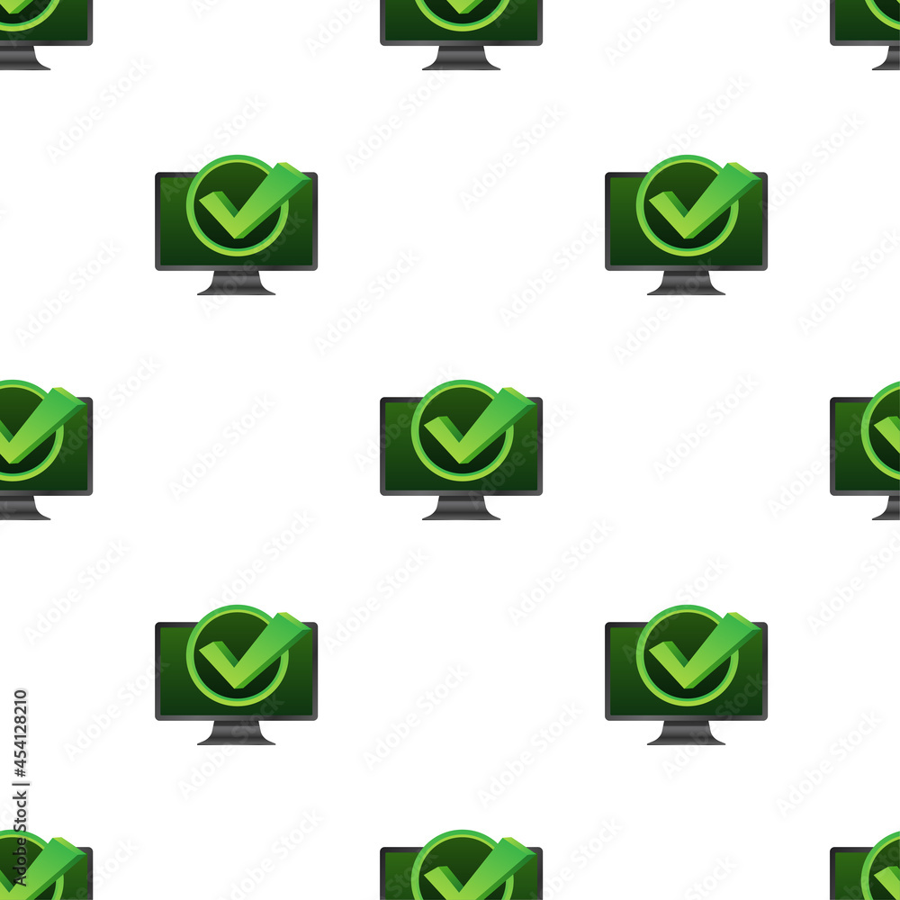 Poster monitor with checkmark or tick notification in bubble pattern. approved choice. accept or approve ch