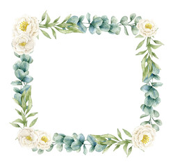 Watercolor illustration card with eucalyptus leaves frame and flowers. Isolated on white background. Hand drawn clipart. Perfect for card, postcard, tags, invitation, printing, wrapping.