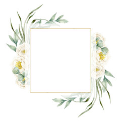 Watercolor illustration card with green eucalyptus leaves frame and flowers. Isolated on white background. Hand drawn clipart. Perfect for card, postcard, tags, invitation, printing, wrapping.