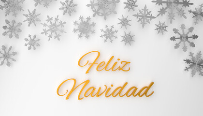 Fototapeta na wymiar Modern Spanish Merry Christmas background with snowflakes on white, Feliz Navidad 