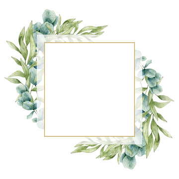 Watercolor illustration card with green eucalyptus leaves frame. Isolated on white background. Hand drawn clipart. Perfect for card, postcard, tags, invitation, printing, wrapping.