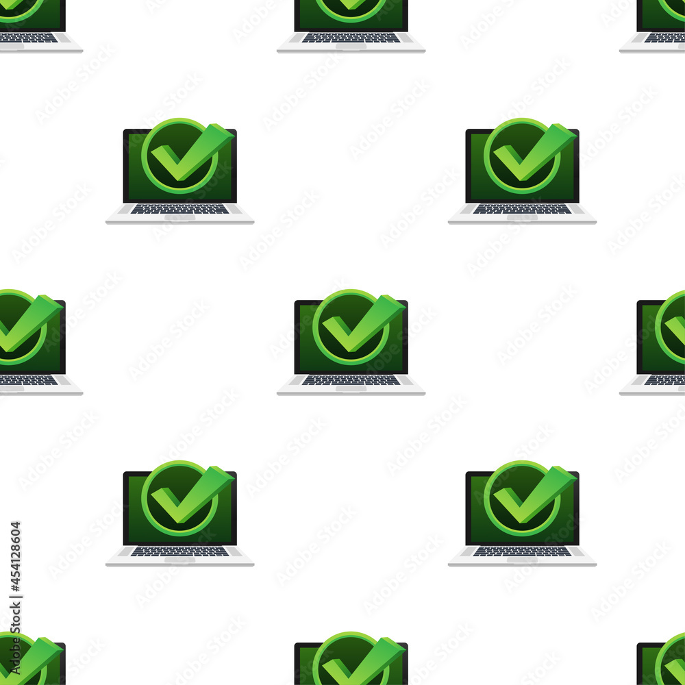 Poster laptop with checkmark or tick notification in bubble pattern. approved choice. accept or approve che