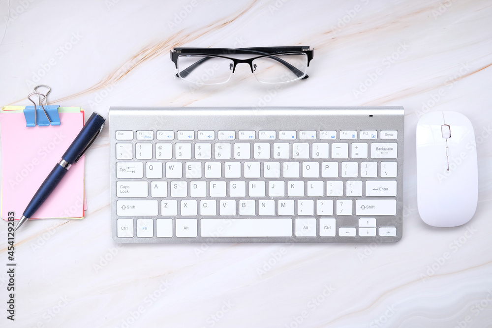 Poster office equipment, keyboard on table background and top view working space