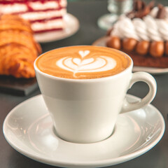 Café  con arte latte en un primer plano acompañado de distintos tipos de tortas con foco diferenciado.