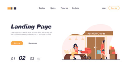 Mother feeding baby near fashion outlet. Store, pram, shopping flat vector illustration. Motherhood and lactation concept for banner, website design or landing web page