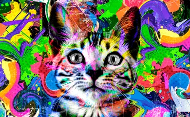 Foto op Plexiglas cat head with eyeglasses and creative abstract elements on colorful background © reznik_val