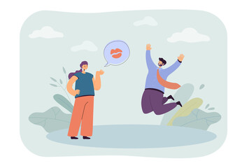 Cartoon girlfriend sending flying kiss to happy boyfriend. Woman flirting with man jumping in air flat vector illustration. Love, romance concept for banner, website design or landing web page