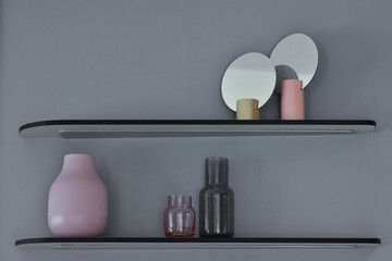 grey wall with decorated shelf