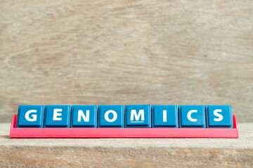 Fototapeta na wymiar Tile alphabet letter with word genomics in red color rack on wood background