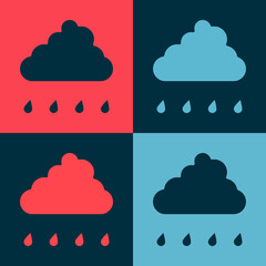 Pop art Cloud with rain icon isolated on color background. Rain cloud precipitation with rain drops. Vector