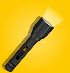 Black Flashlight. A modern night vision device. Yellow background. Style Realistic. Light. Lighting. Hike and rest. Torch. Isolated background. Modern  Stock Vector Illustration. Technology.