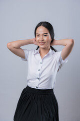 Female student on white background, asian woman
