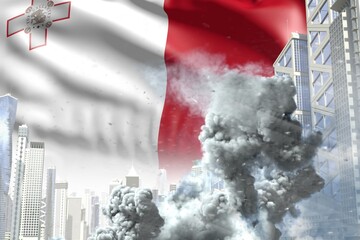 huge smoke column in the modern city - concept of industrial blast or terroristic act on Malta flag background, industrial 3D illustration