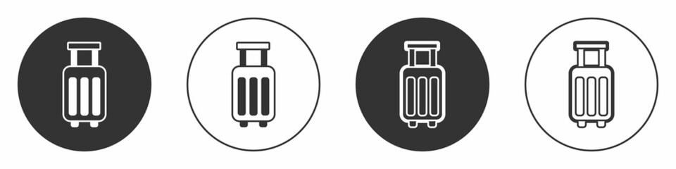 Black Suitcase for travel icon isolated on white background. Traveling baggage sign. Travel luggage icon. Circle button. Vector